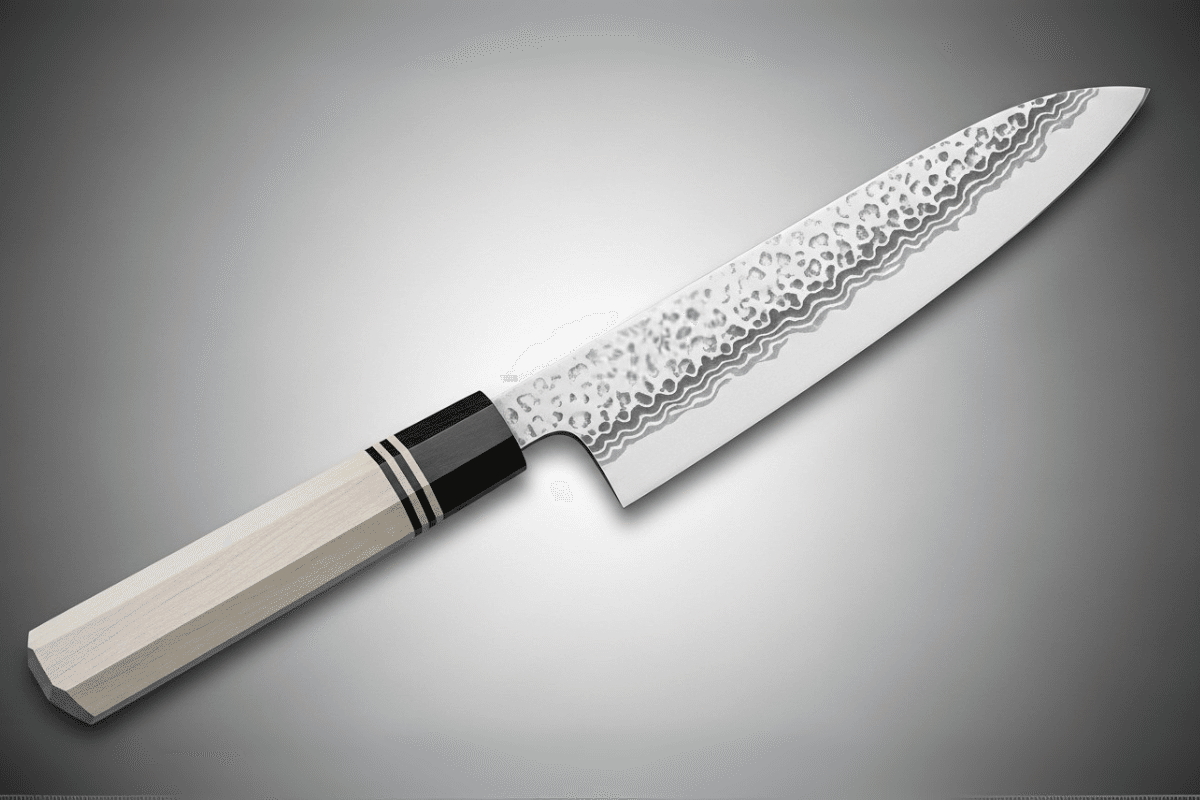 A knife blade with tsuchime hammer finish