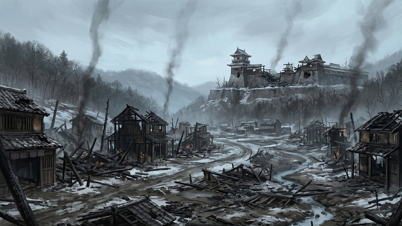 Miki castle town in ruins after the 1580 Siege of Miki — the destruction that gave birth to Japan's tool-making capital