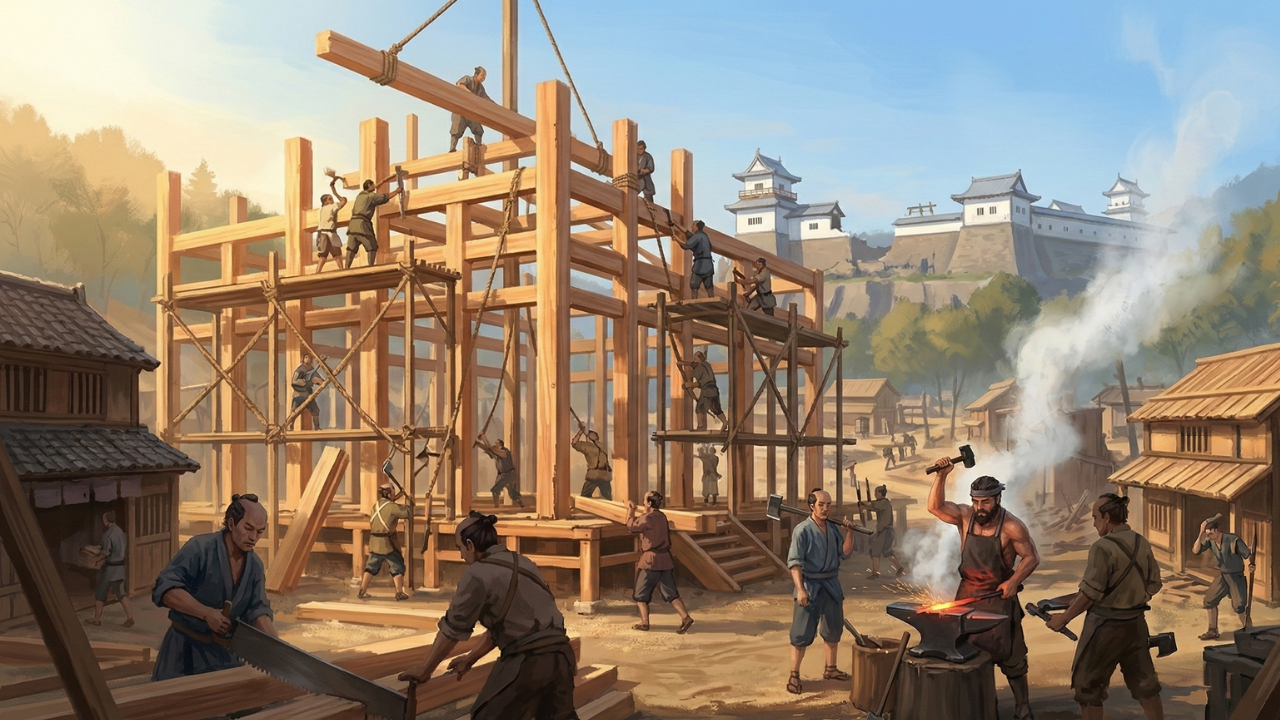 Miki being rebuilt — carpenters and blacksmiths working together to forge Japan's greatest carpentry tool tradition