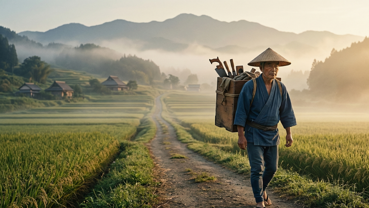 Carpenter carrying Miki tools along the historic Sanyodo road — spreading Japan's finest blade craft nationwide