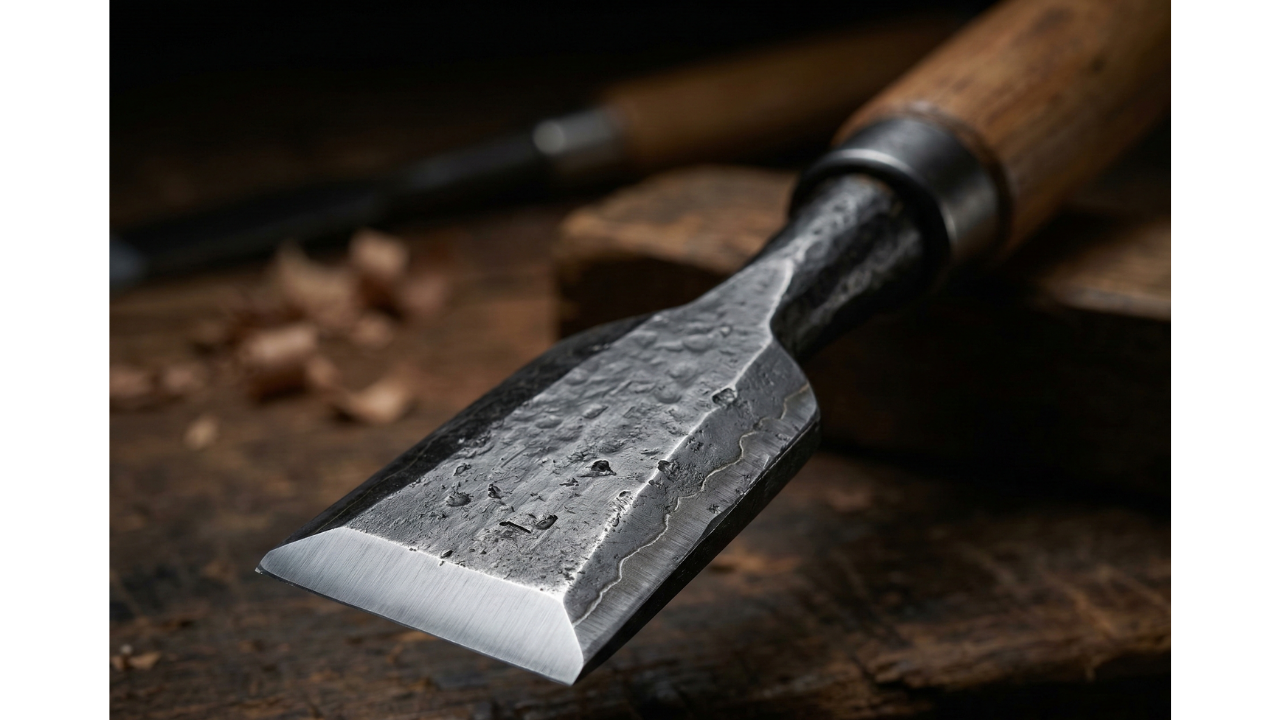 Close-up of a Banshu Miki Uchihamono chisel — traditional Japanese carpentry tool forged in Hyogo